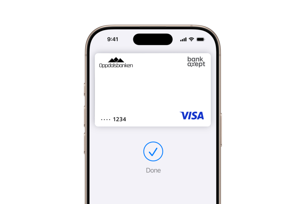 IPhone viser et digitalt betalingskort med bekreftelse 'Done'.
